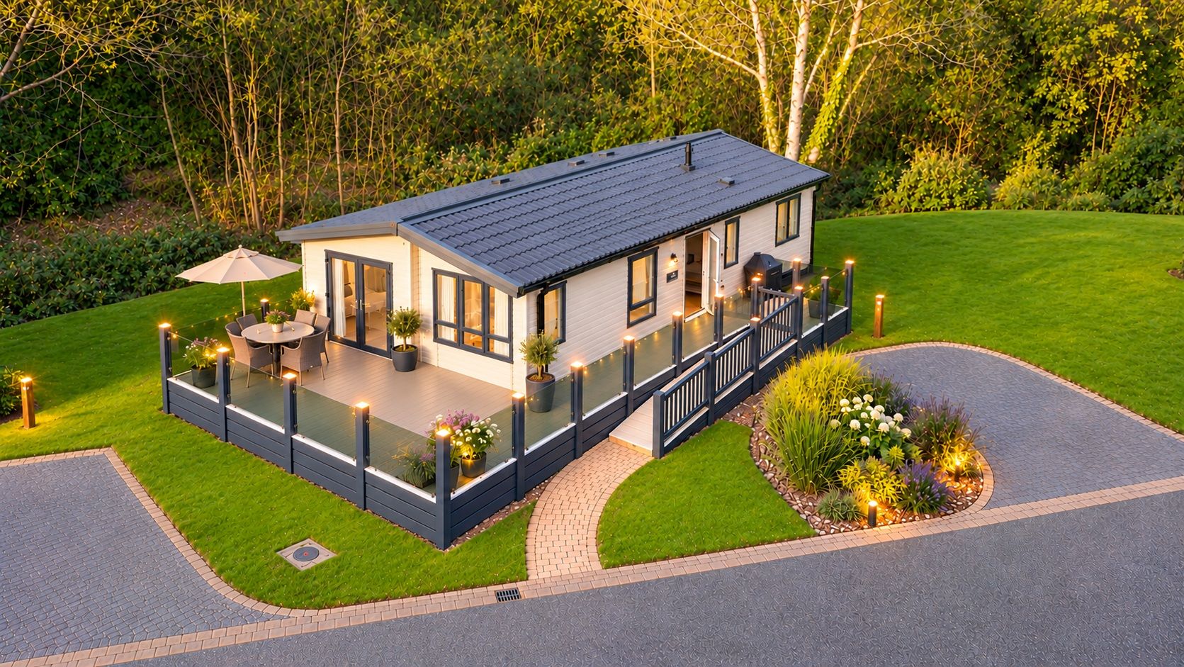 Woodland Glade 24 with its wraparound decking and ramp, surrounded by trees