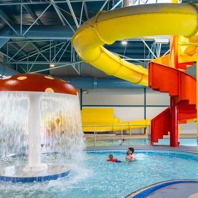 Indoor pool with flume and mushroom fountain